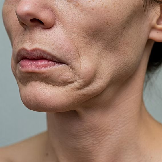 Rosto de Mounjaro: flacidez característica no contorno mandibular após emagrecimento
